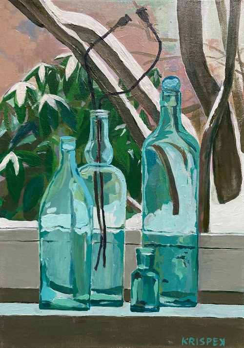 Still life - four bottles in a winter scenery 25x35 cm acrylic on panel